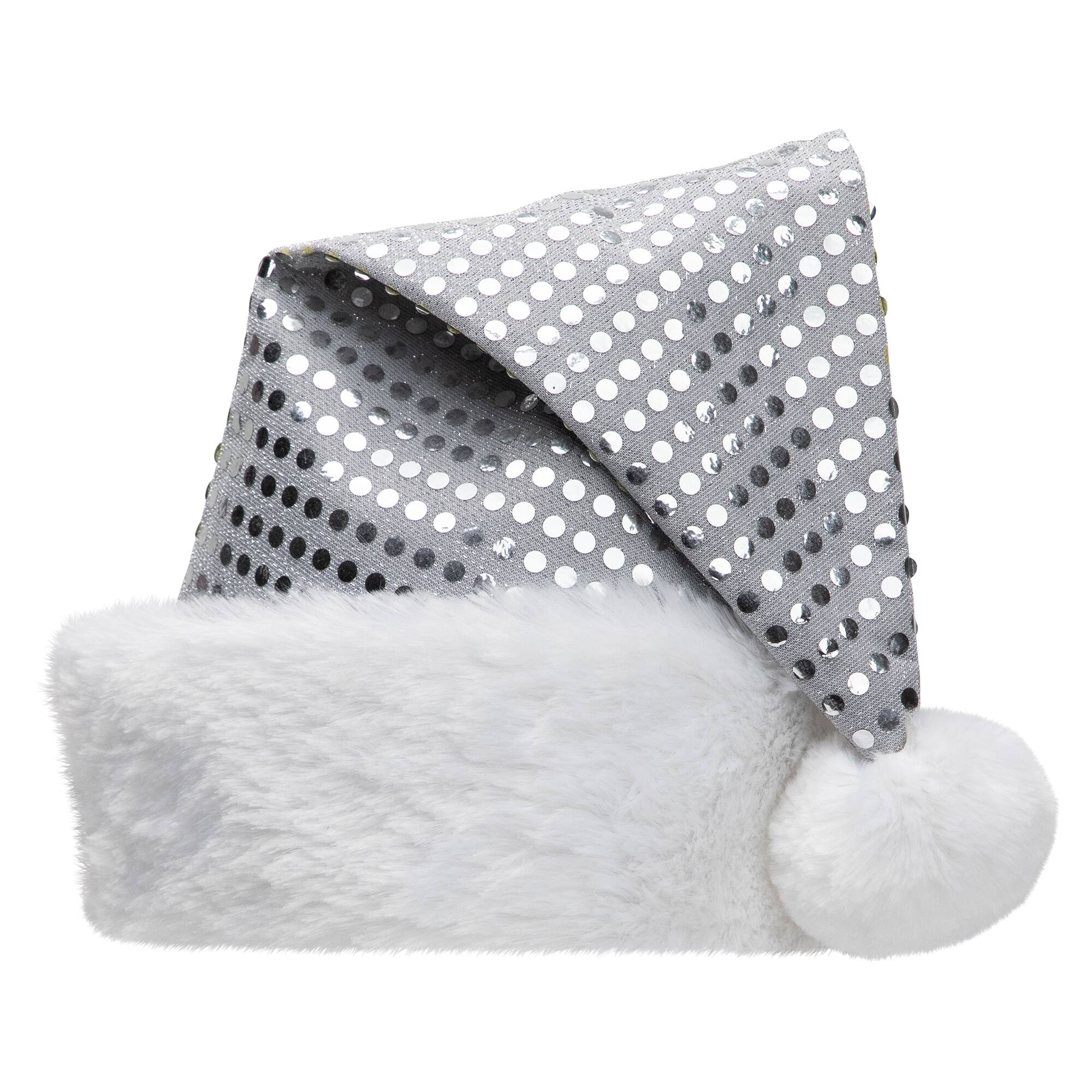 Silver & White Unisex Adult Sequined Christmas Santa Hat with Cuff